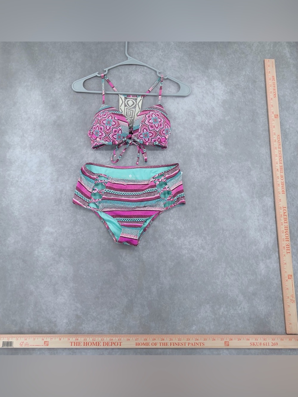 Shade & Shore Pink and Aqua Patterned High-Waist Bikini small 34B